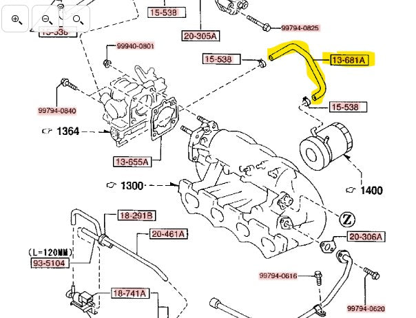 1994-1997 Mazda Miata Throttle Body to Oil Cooler Hose